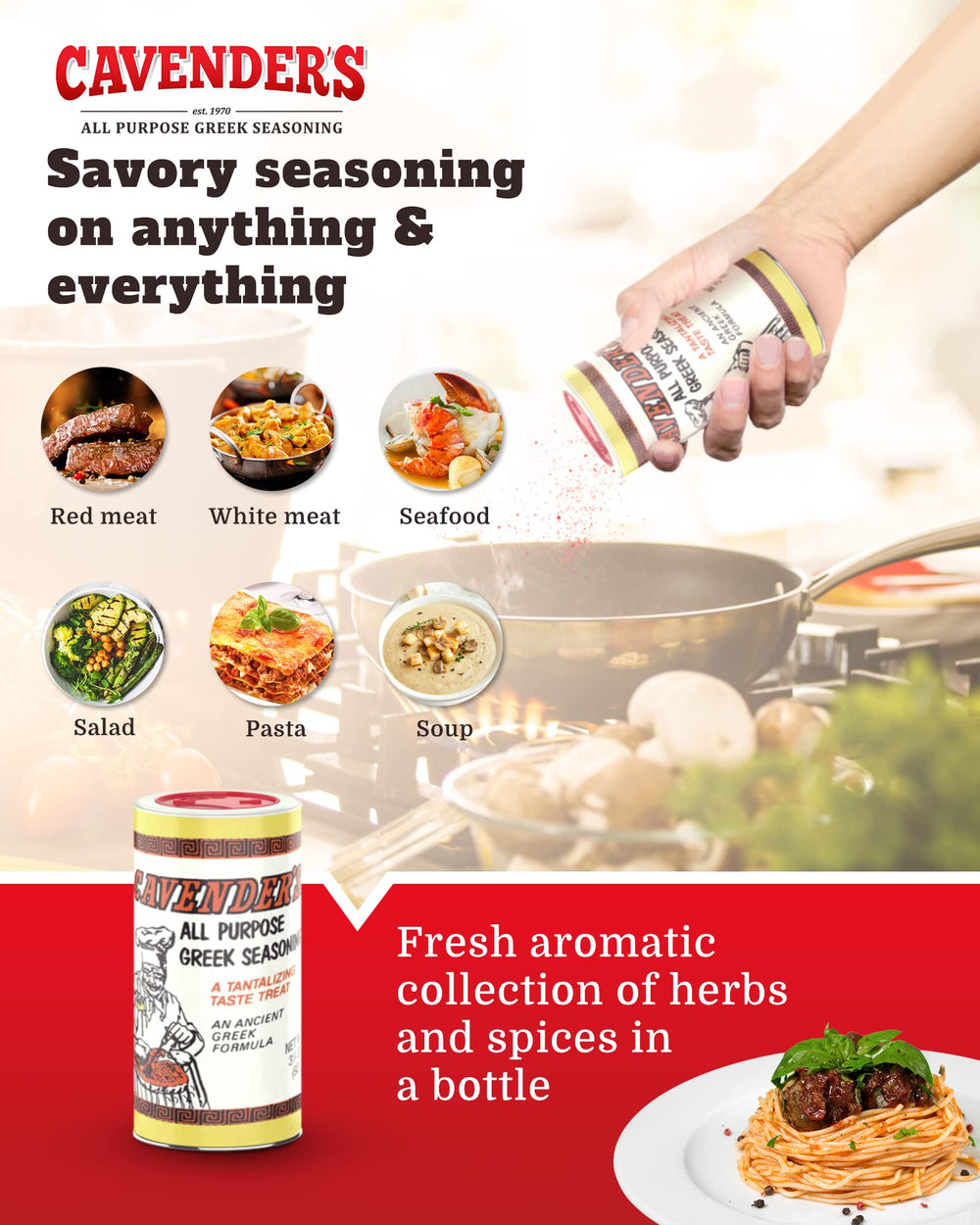 Cavender's Greek Seasoning on roasted vegetables, enhancing warmth and aroma.