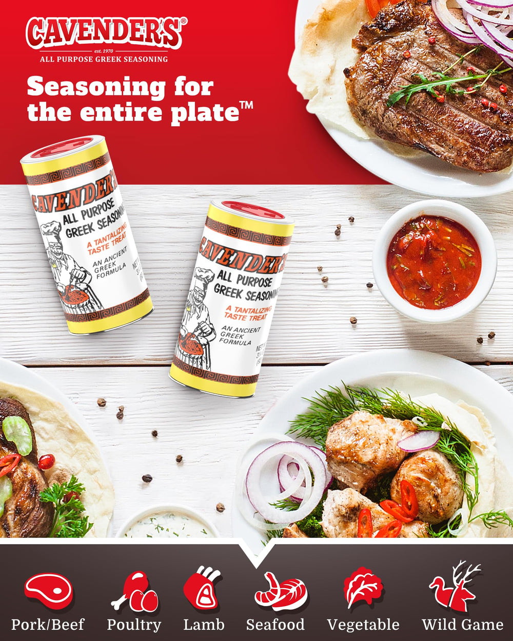 Cavender's Greek Seasoning seasoned seafood to brighten natural flavors.
