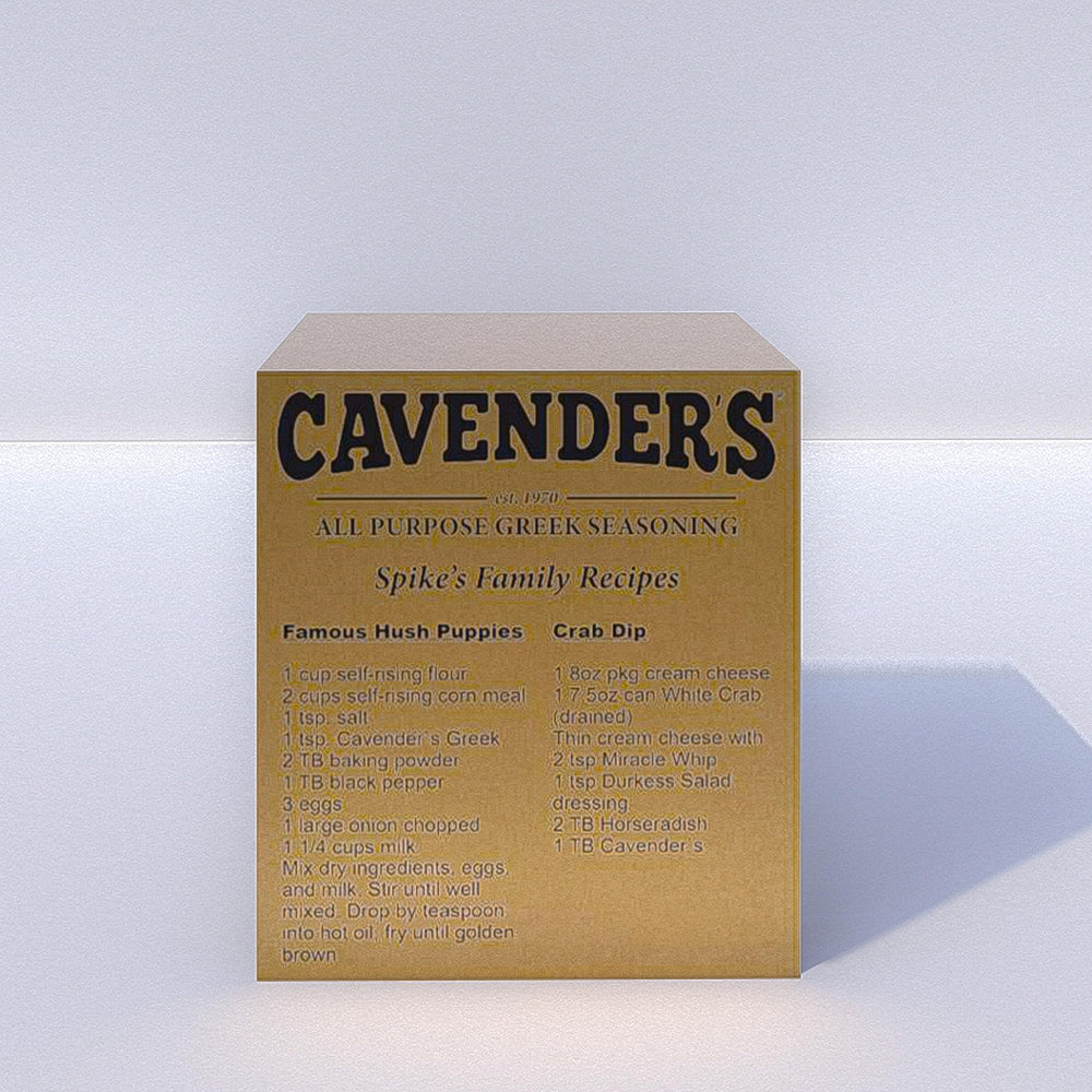 Close-up of Cavender's Greek Seasoning showing the 13-ingredient traditional Greek formula.