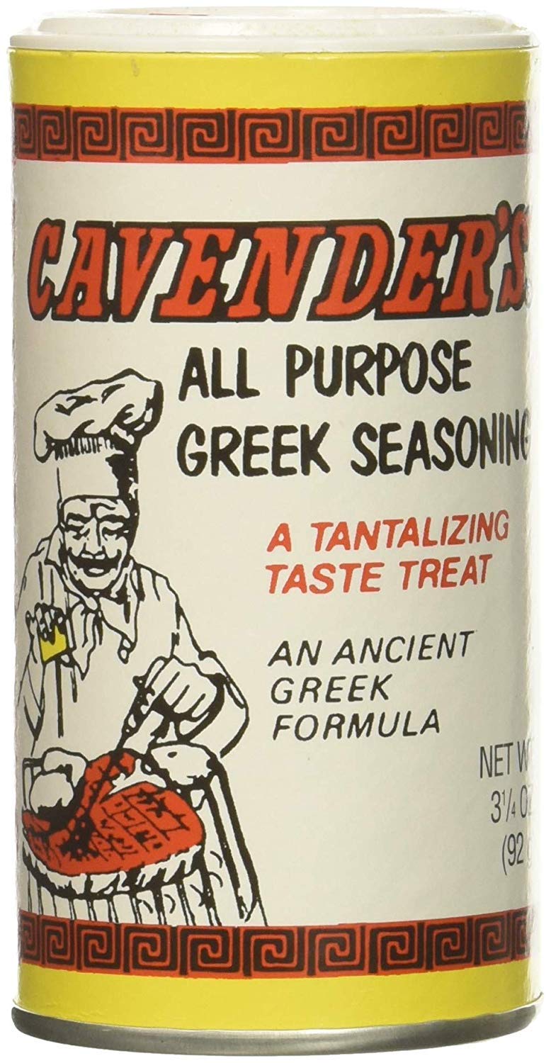 Cavender's Greek Seasoning two-pack tub close-up boosts grilled meat flavor.