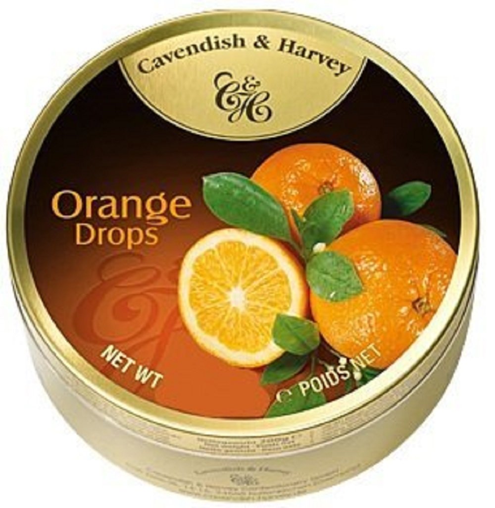 Cavendish And Harvey orange drops in a 5.3 oz gold tin for on-the-go refreshment.