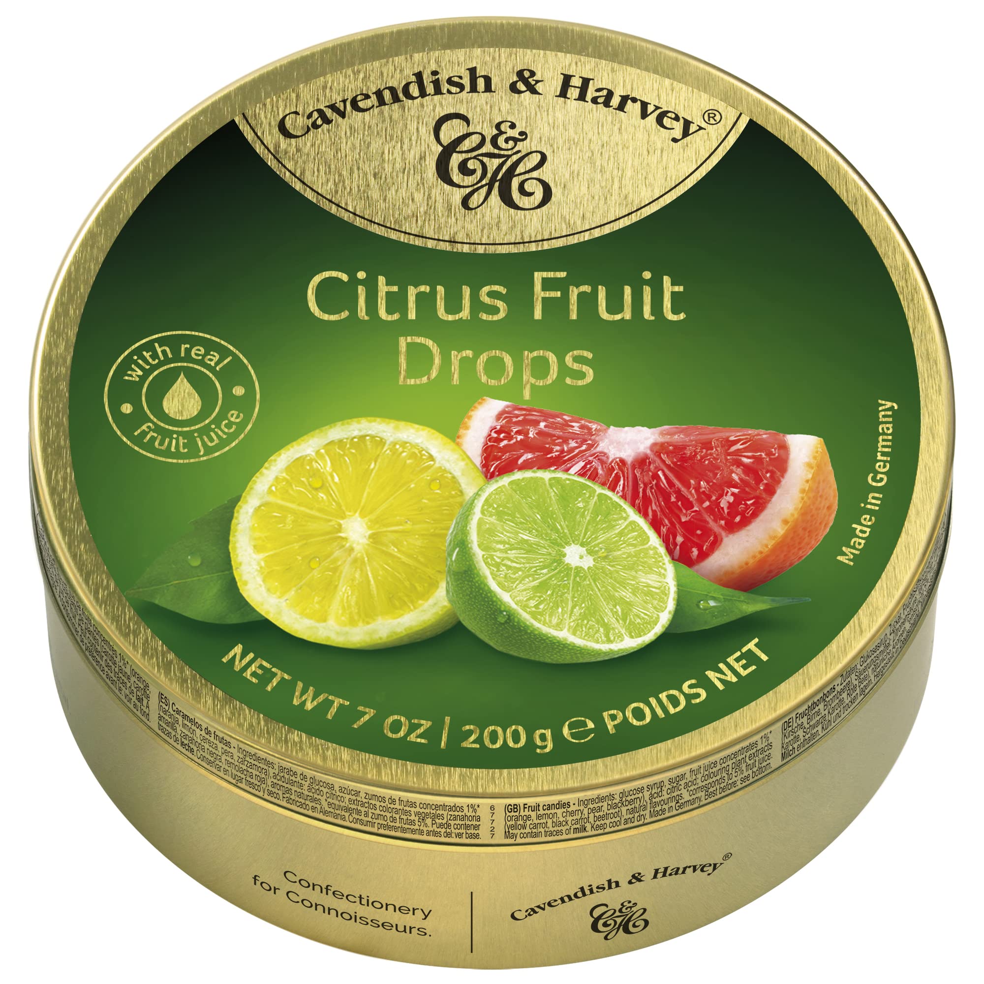 Cavendish & Harvey Citrus Fruit Drops tin, premium giftable assortment with real fruit juice.