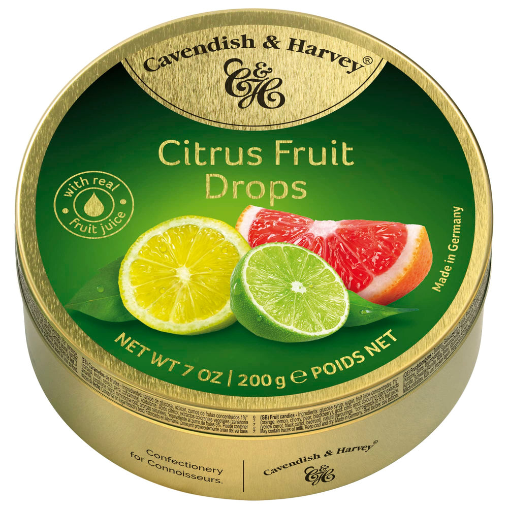 Cavendish & Harvey Citrus Fruit Drops tin, premium giftable assortment with real fruit juice.