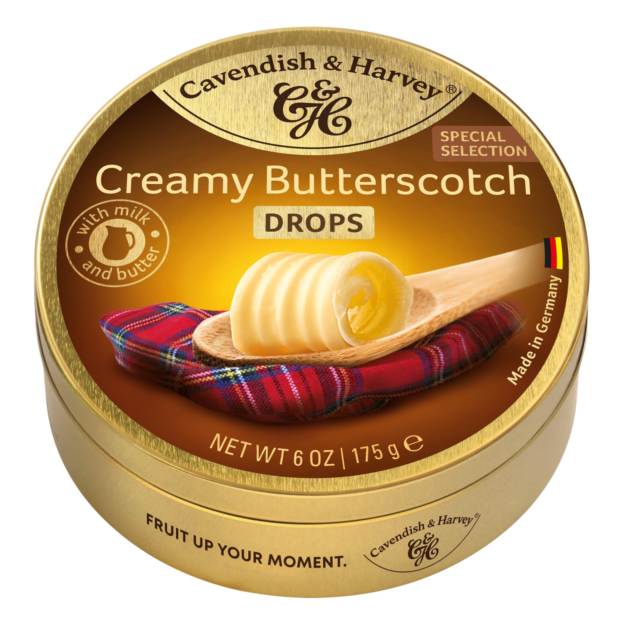 Cavendish & Harvey creamy butterscotch drops in premium tin, ideal gift or personal treat.