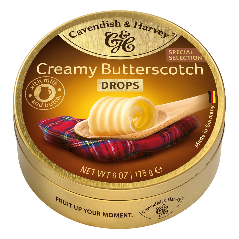 Cavendish & Harvey creamy butterscotch drops in premium tin, ideal gift or personal treat.