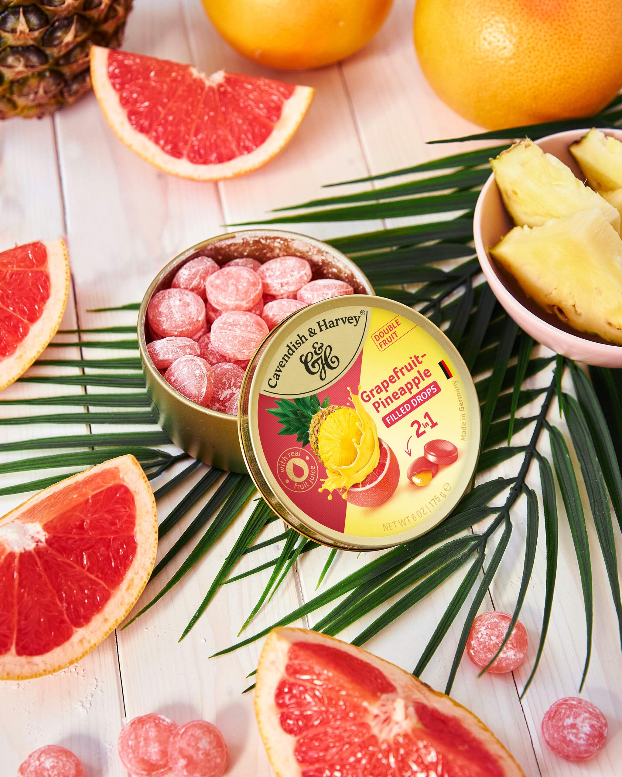 Grapefruit outside with pineapple filling provides tropical sweetness core.