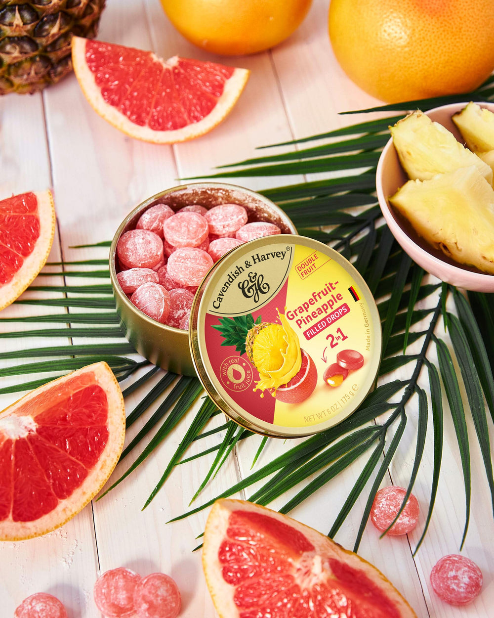 Grapefruit outside with pineapple filling provides tropical sweetness core.