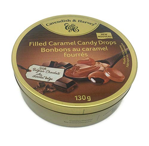 Cavendish & Harvey filled caramel drops in tin; smooth caramel filling for gifting.