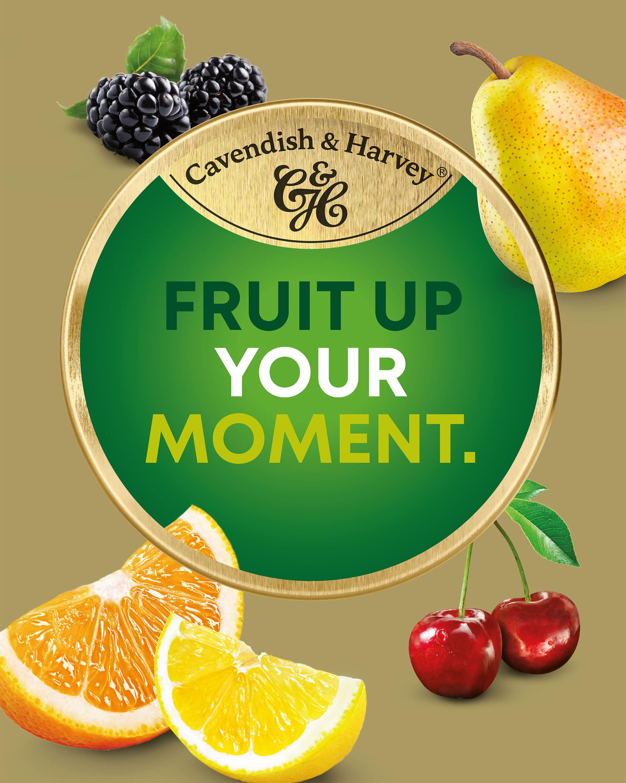 Cavendish & Harvey close-up shows assorted fruit drops for visual appeal.