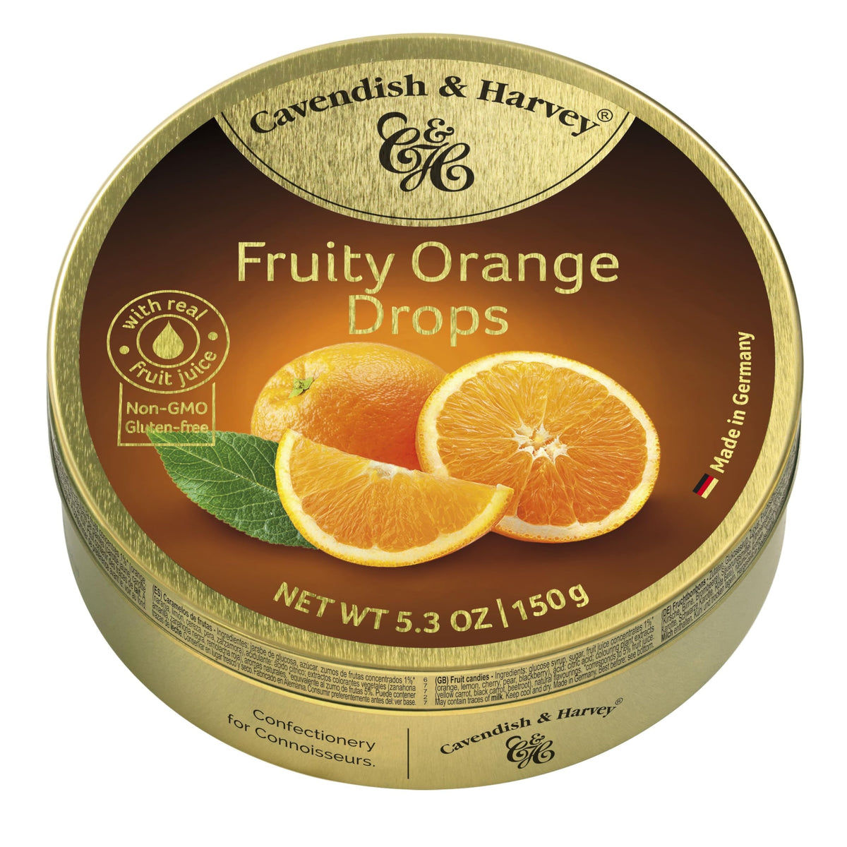 Cavendish & Harvey Fruity Orange Drops packaging tin offers premium presentation and resealability.
