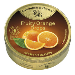 Cavendish & Harvey Fruity Orange Drops packaging tin offers premium presentation and resealability.