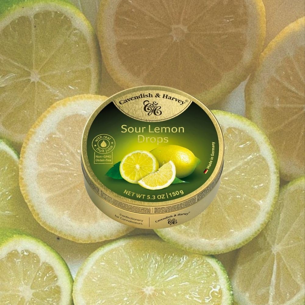 Gift-ready Cavendish & Harvey lemon drops tin, ideal for sharing.