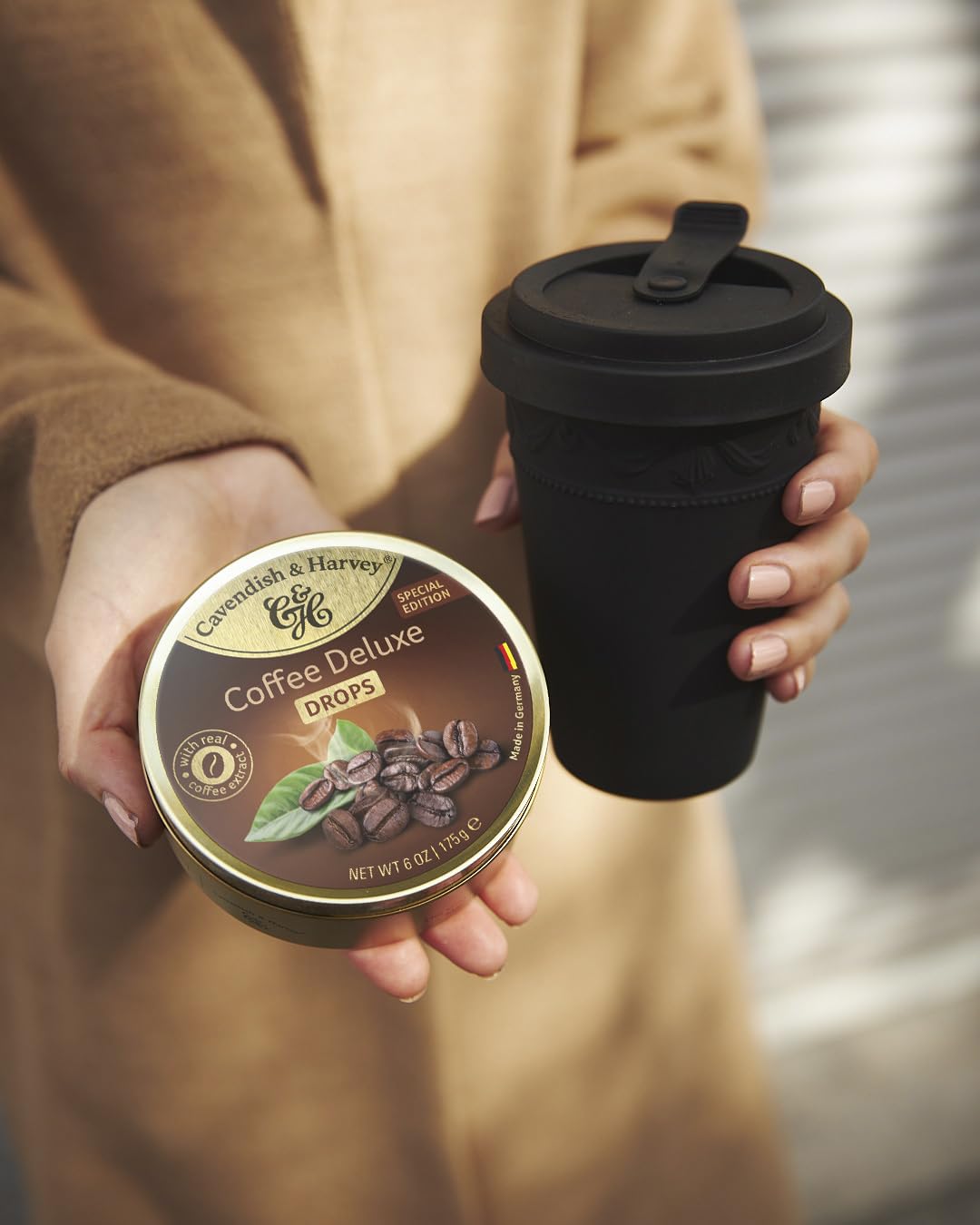 Cavendish & Harvey Kaffee Drops bottle close-up showing compact packaging for on-the-go enjoyment
