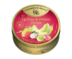 Cavendish & Harvey lychee melon drops in a gold tin, ideal for gifting.