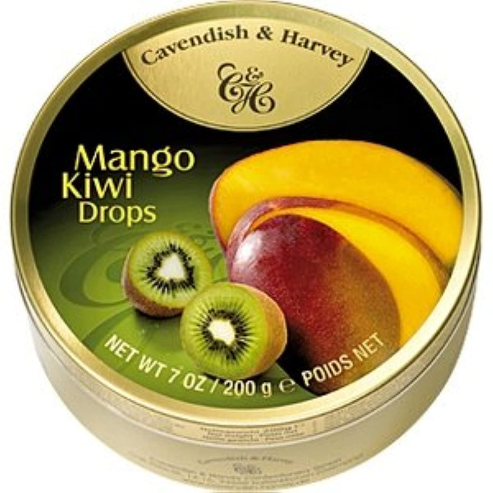Cavendish & Harvey Mango Kiwi Drops gold tin label emphasizes quality ingredients and German craftsmanship.