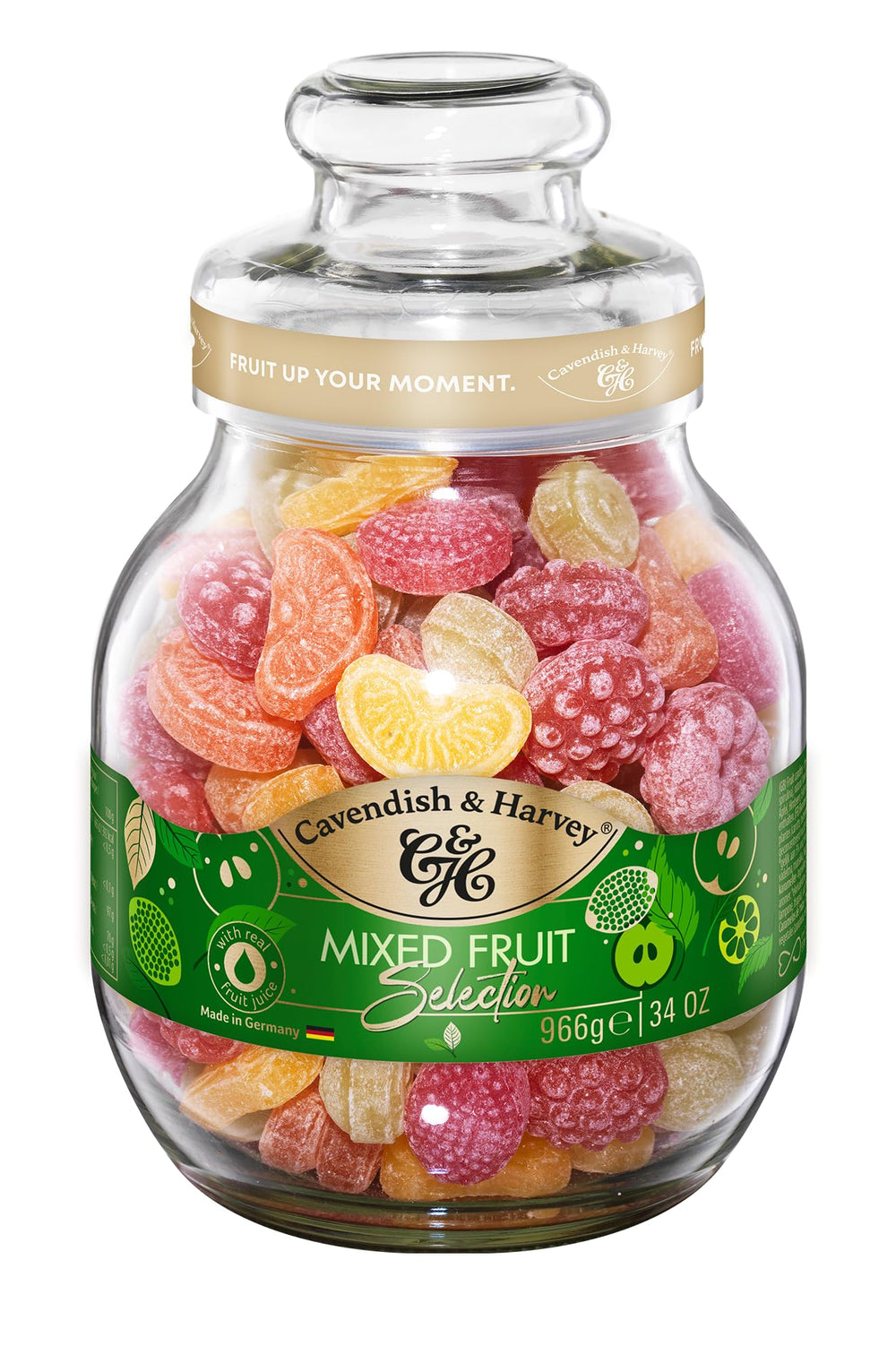Cavendish & Harvey Mixed Fruit Drops jar with lemon and orange flavors, ideal for gifting.