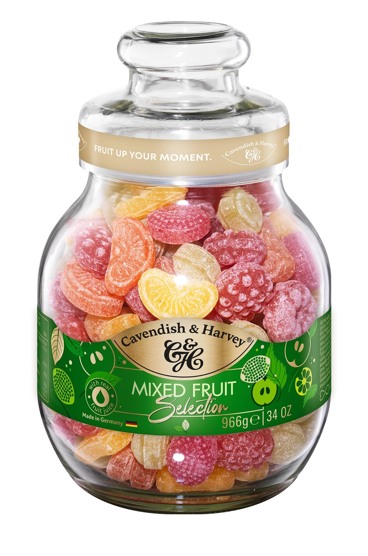 Cavendish & Harvey Mixed Fruit Drops jar with lemon and orange flavors, ideal for gifting.