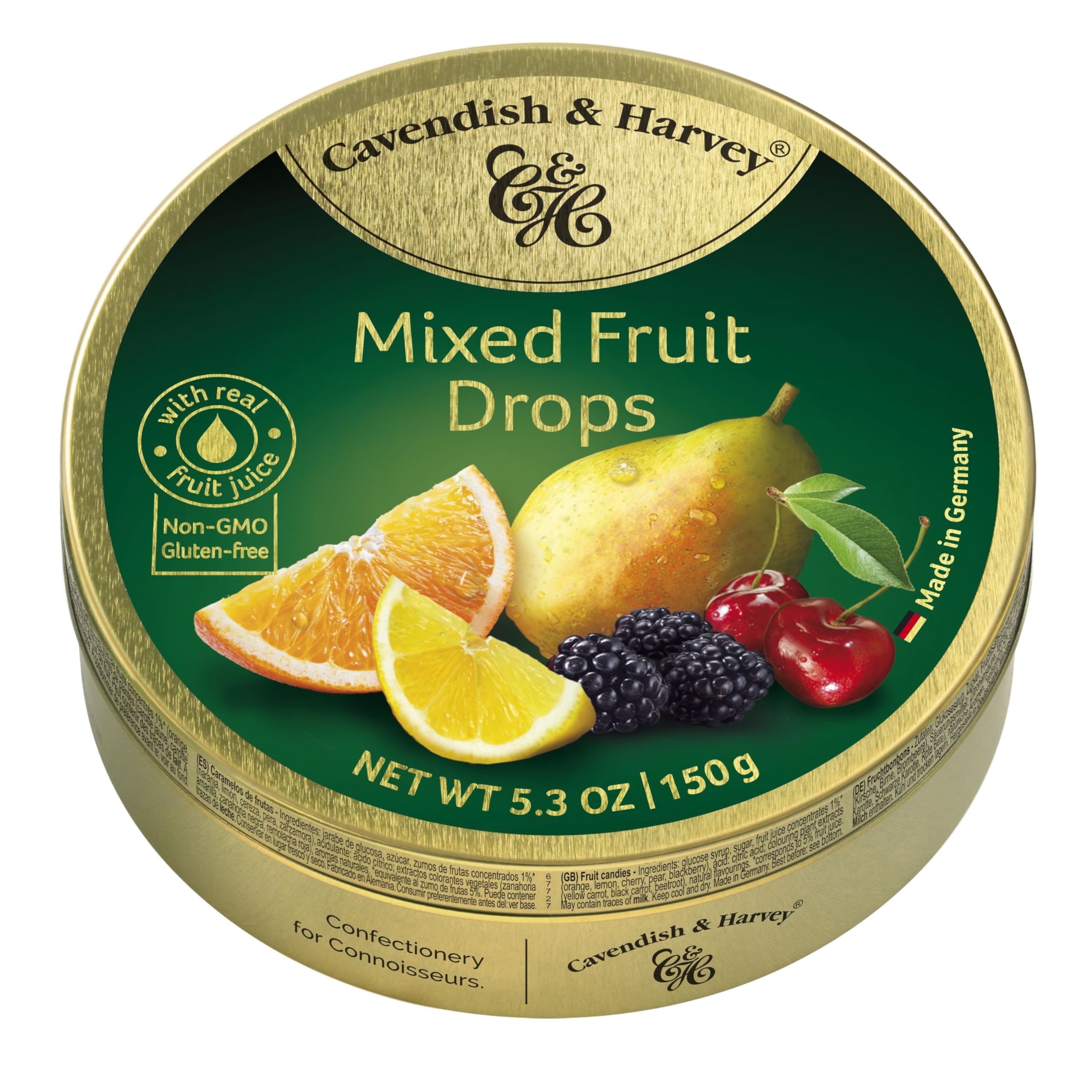 Cavendish & Harvey mixed fruit drops in a gold tin, premium freshness preserved, ideal for gifting.