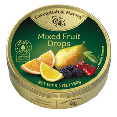 Cavendish & Harvey mixed fruit drops in a gold tin, premium freshness preserved, ideal for gifting.