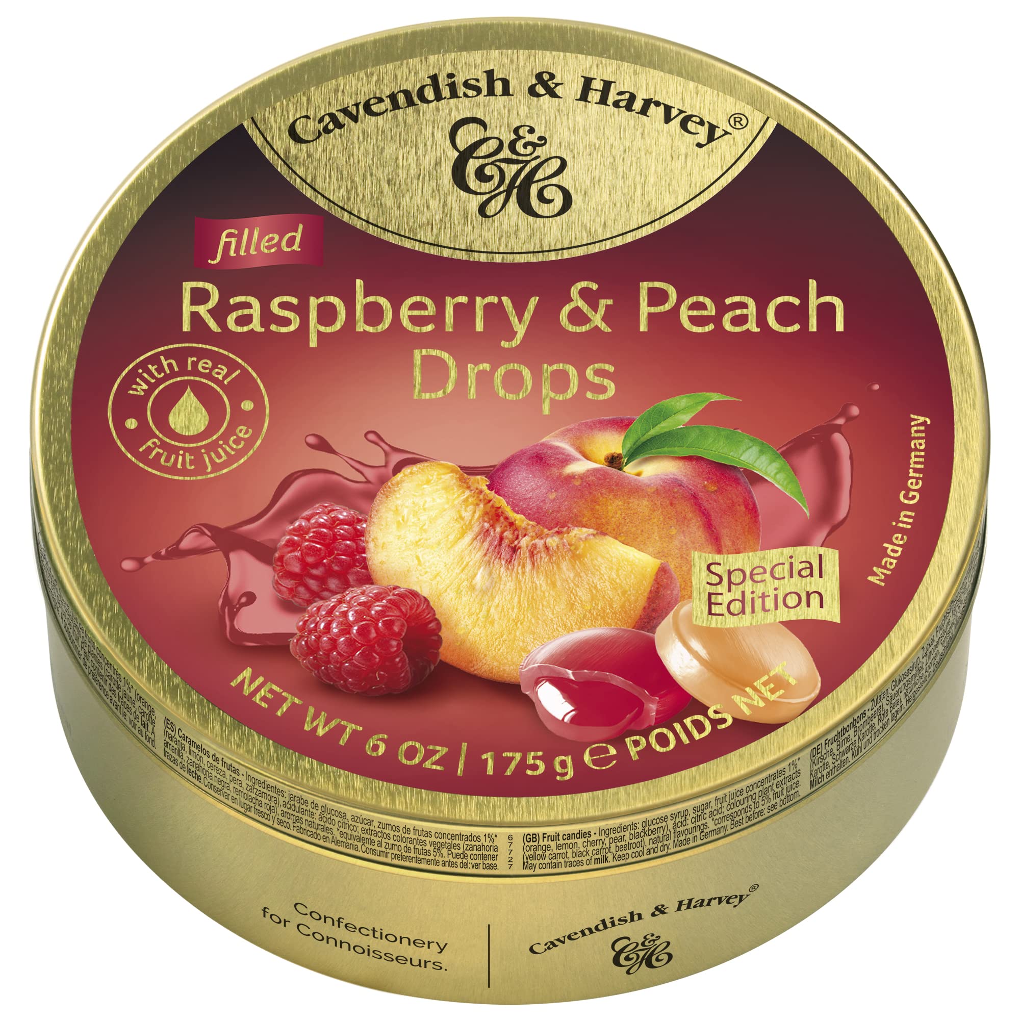 Cavendish & Harvey Raspberry Peach Drops in tin front, premium indulgence to share.