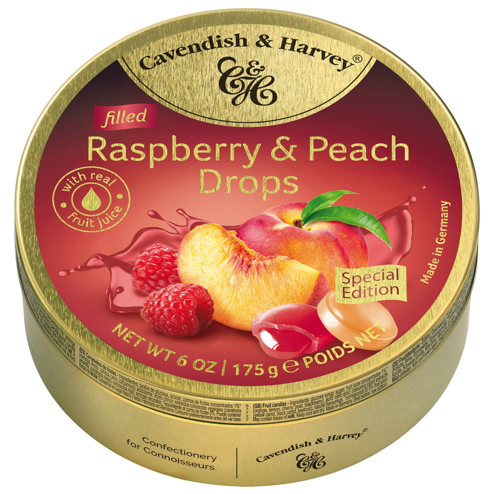 Cavendish & Harvey Raspberry Peach Drops in tin front, premium indulgence to share.