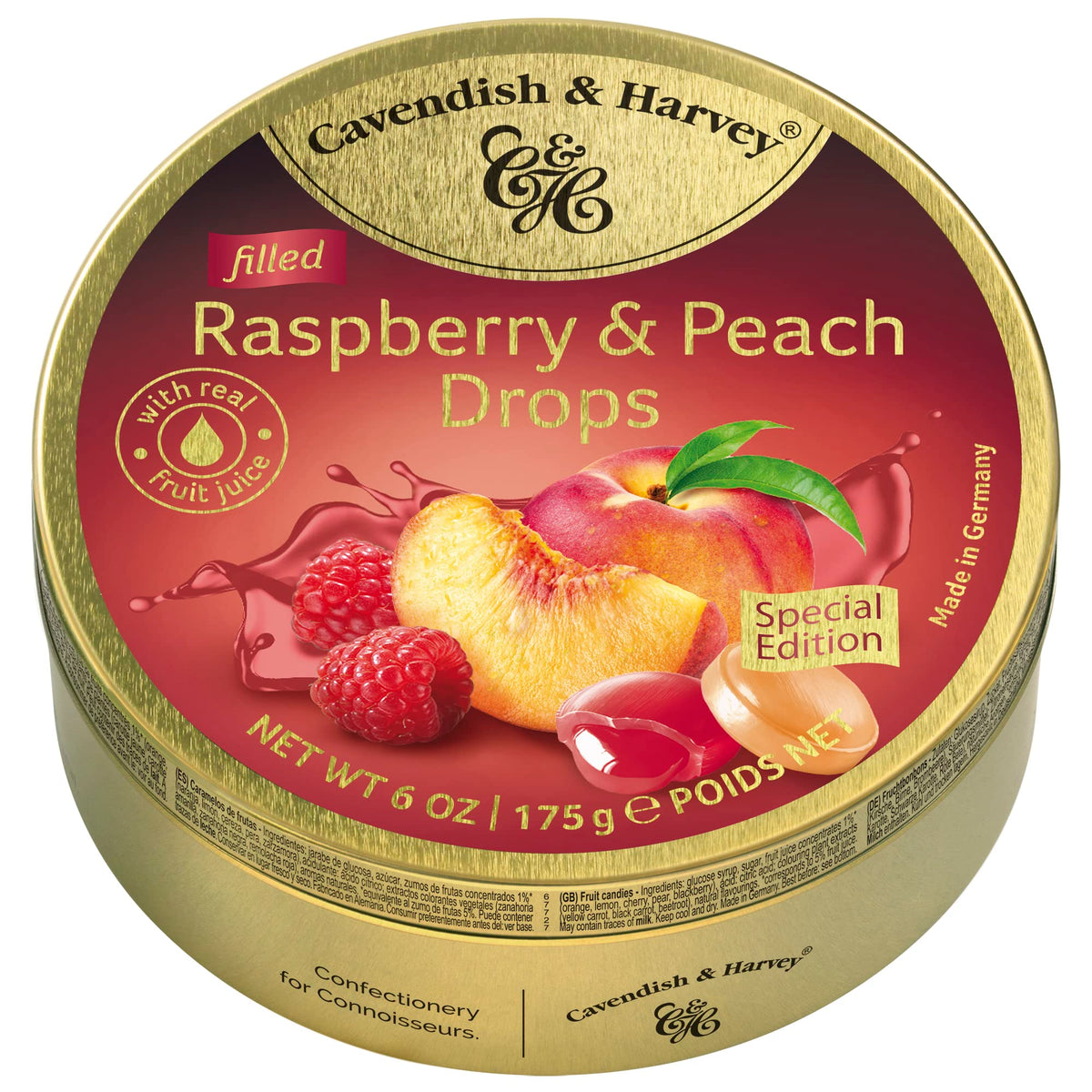 Cavendish & Harvey Raspberry Peach Drops in tin front, premium indulgence to share.