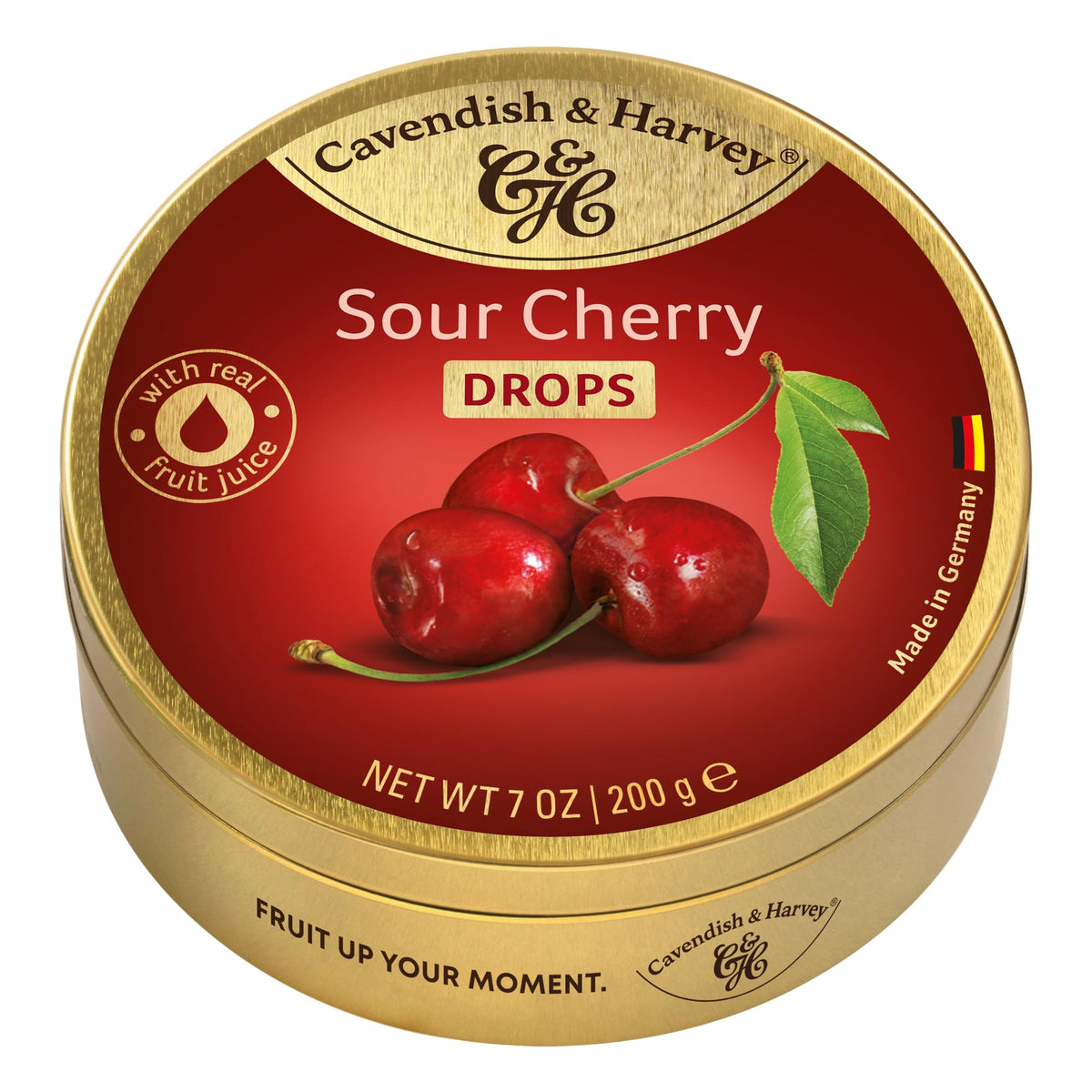 Cavendish and Harvey Sour Cherry Drops in a gold tin, ideal for gifting or personal indulgence.
