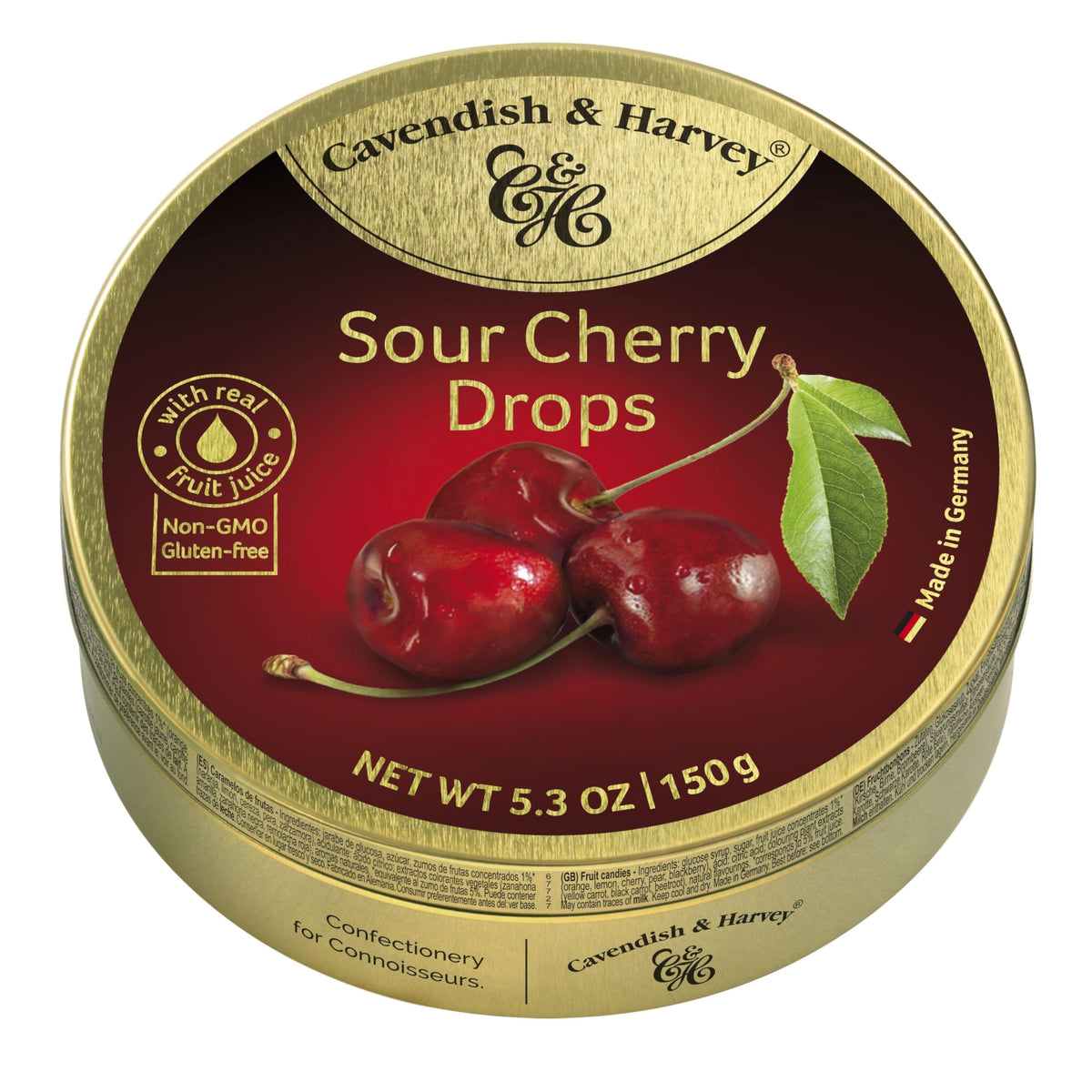 Cavendish & Harvey Sour Cherry drops in a gold tin, ideal for gifting.