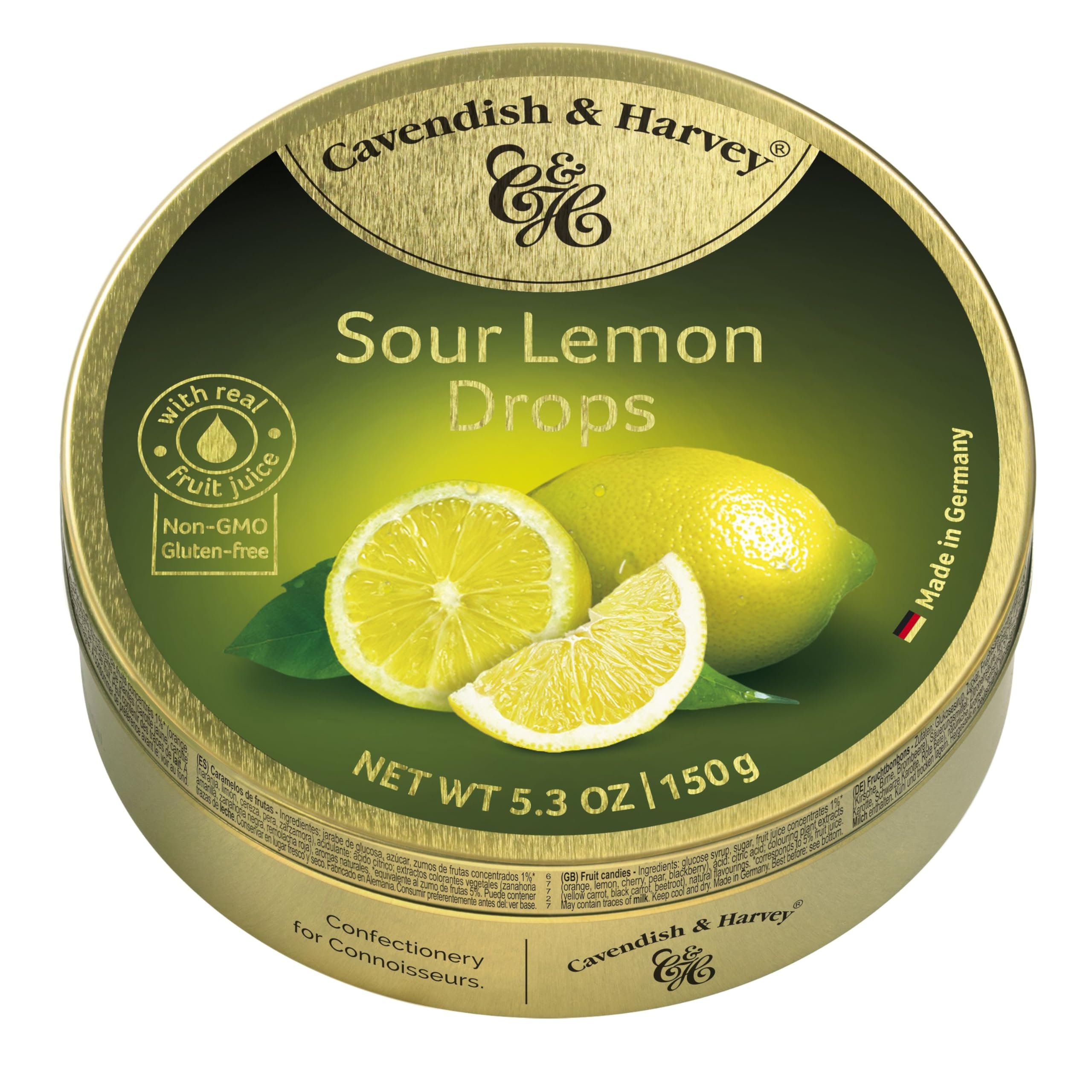 Cavendish & Harvey Sour Lemon Drops in a gold tin for freshness and serving ideas.
