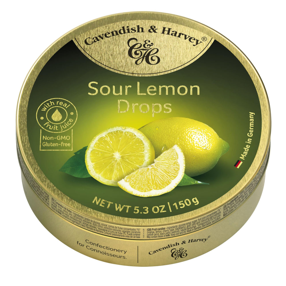 Cavendish & Harvey Sour Lemon Drops in a gold tin for freshness and serving ideas.