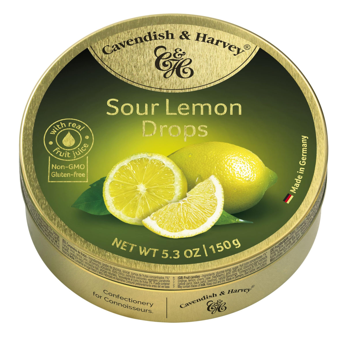 Cavendish & Harvey Sour Lemon Drops in a gold tin for freshness and serving ideas.