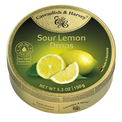 Cavendish & Harvey Sour Lemon Drops in a gold tin for freshness and serving ideas.