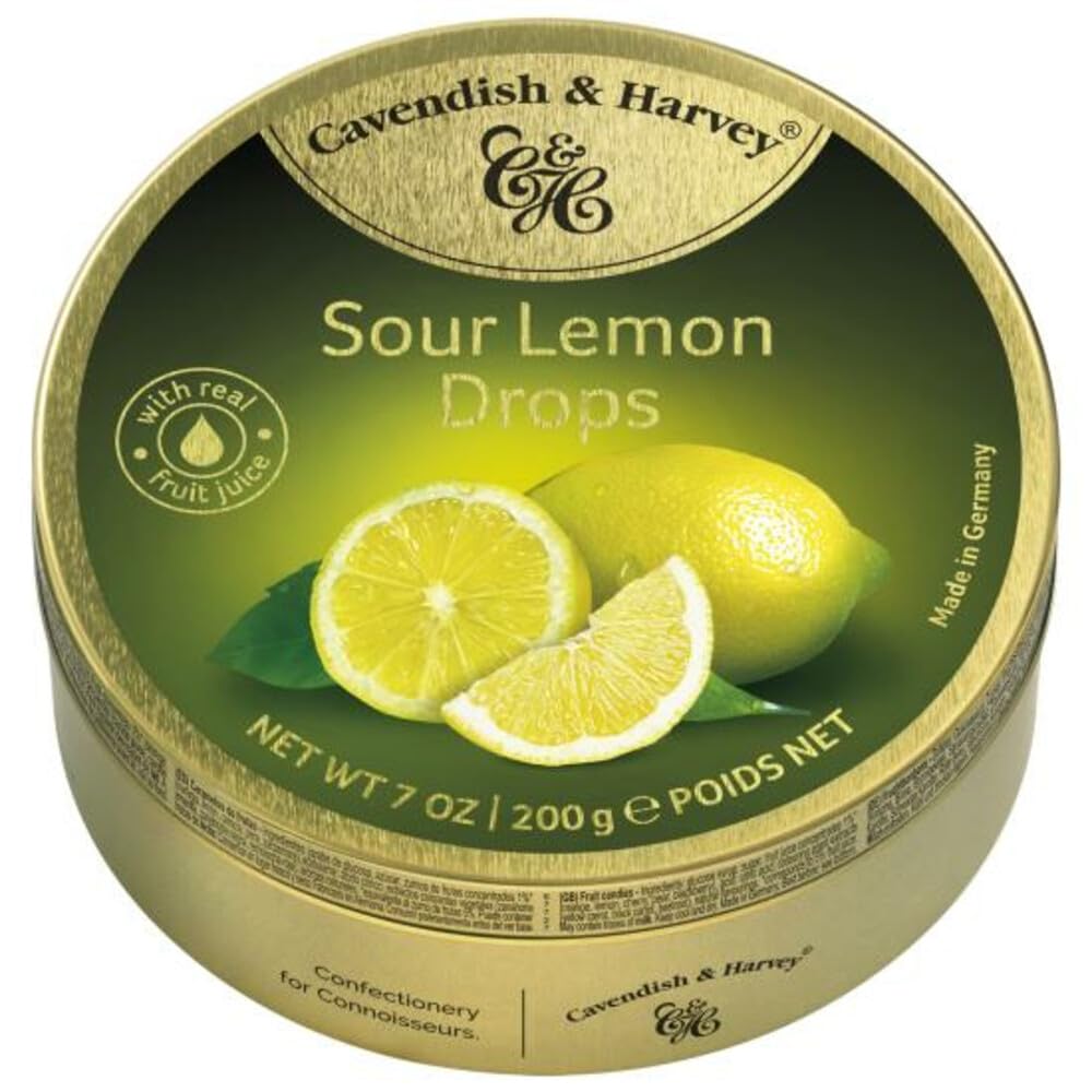 Cavendish and Harvey Sour Lemon Drops tin front view, tangy British treat for sharing