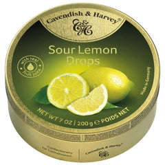Cavendish and Harvey Sour Lemon Drops tin front view, tangy British treat for sharing