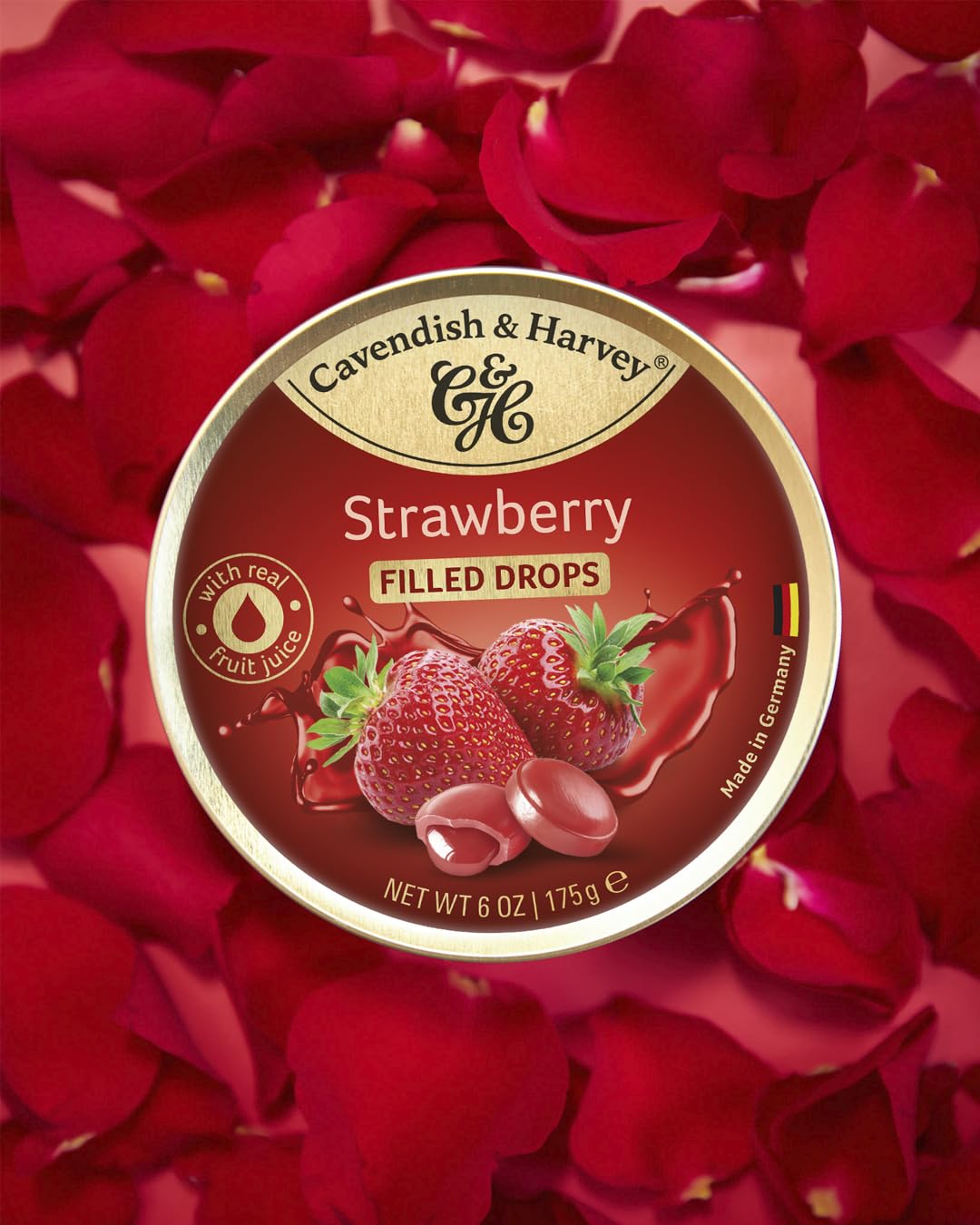 Cavendish & Harvey close-up shows the creamy strawberry filling inside the candy drops.