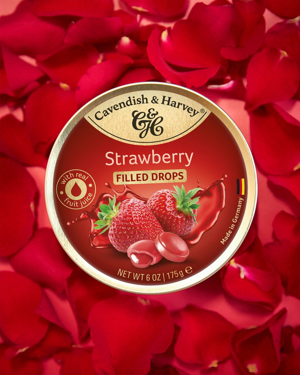Cavendish & Harvey close-up shows the creamy strawberry filling inside the candy drops.