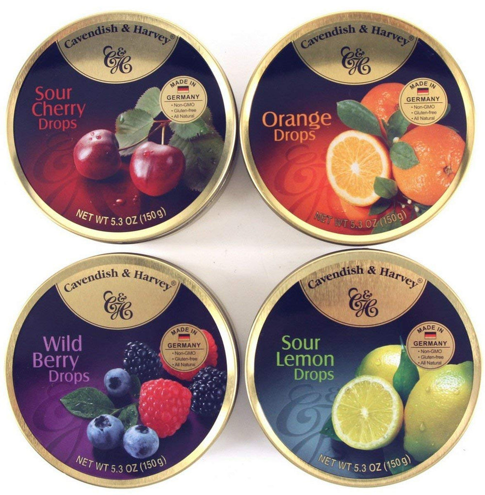 Cavendish & Harvey variety candy drops in orange, berry, lemon, and cherry flavors in a gift tin.