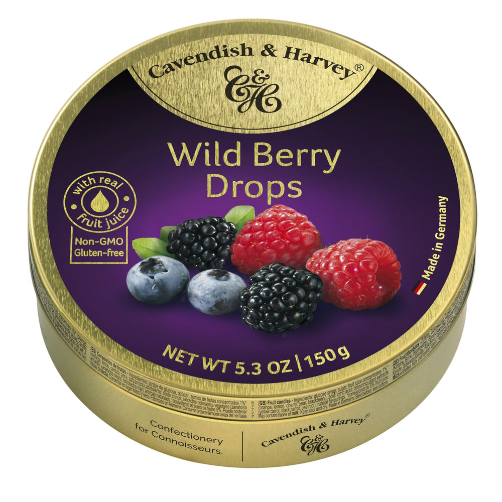 Cavendish & Harvey wild berry drops in a tin, ideal for on-the-go snacking.