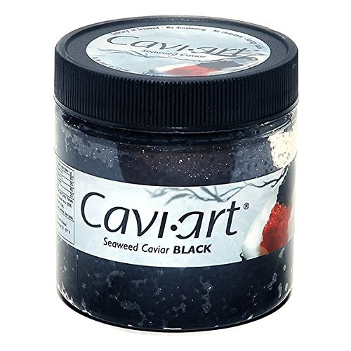 Caviart vegan caviar seaweed pearls closeup showcases briny texture for canapés.
