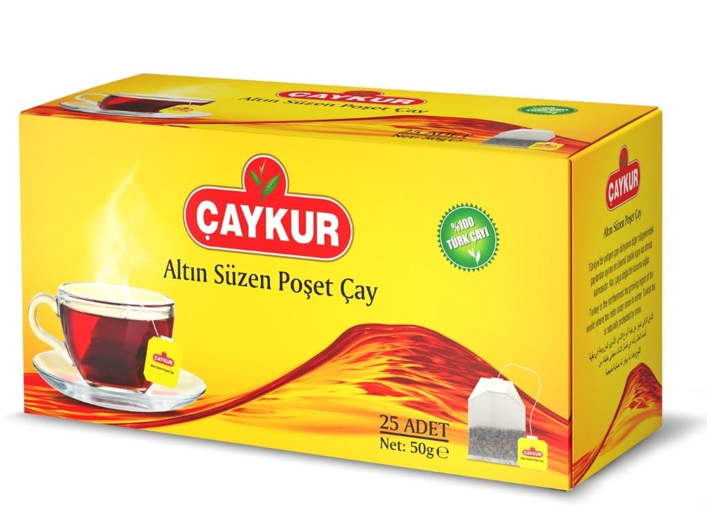 Bright ruby-red brew in a cup after steeping ÇAYKUR Altın Süzen tea bags.
