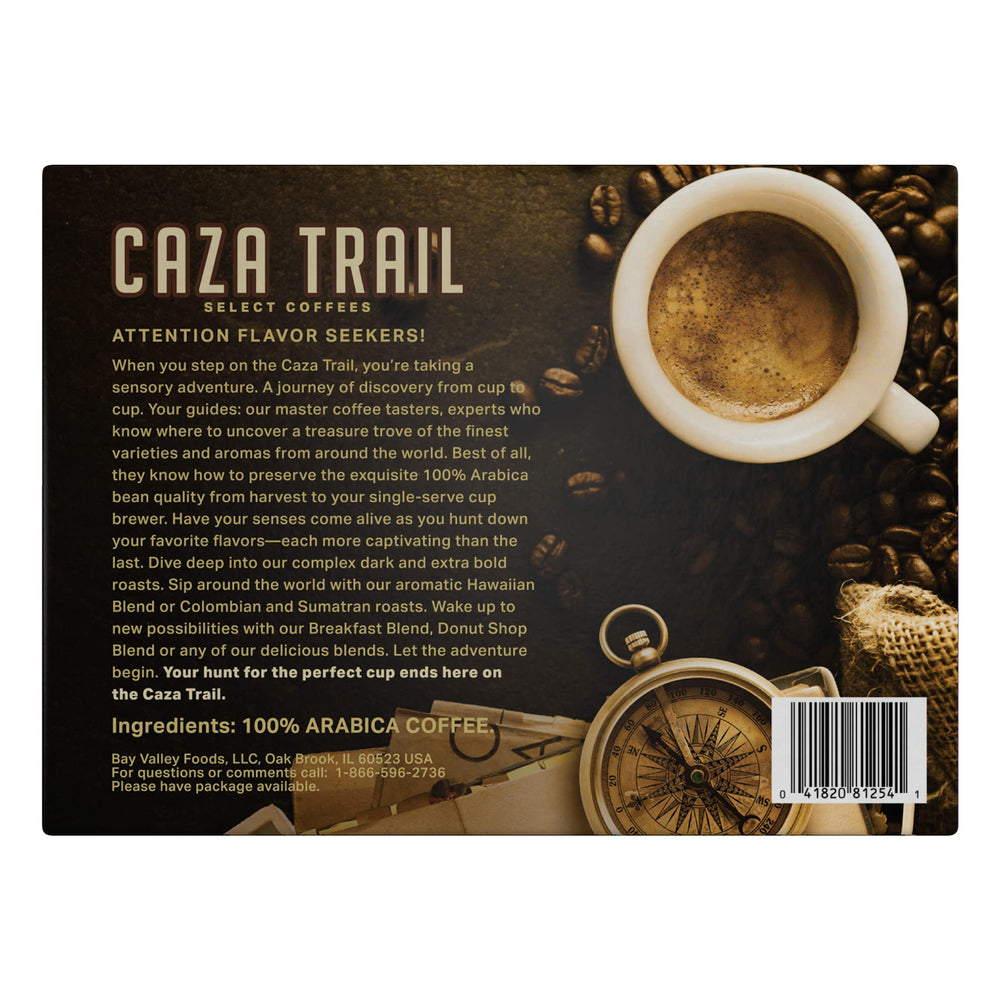 Caza Trail French Roast beans close-up highlighting 100% Arabica quality and aroma.