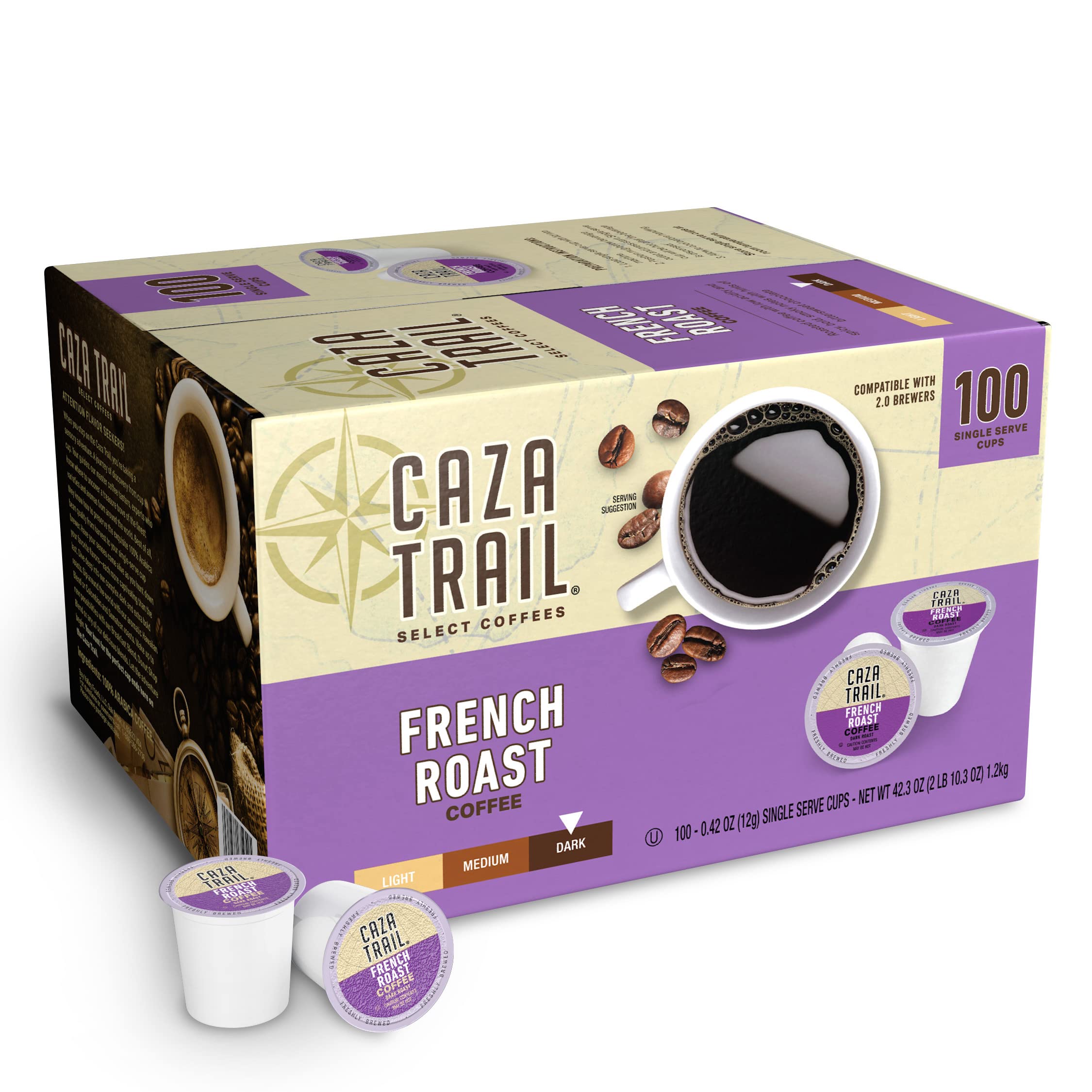 Caza Trail French Roast coffee pods packaging display showcasing bold flavor options for busy mornings.