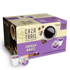 Caza Trail French Roast coffee pods packaging display showcasing bold flavor options for busy mornings.