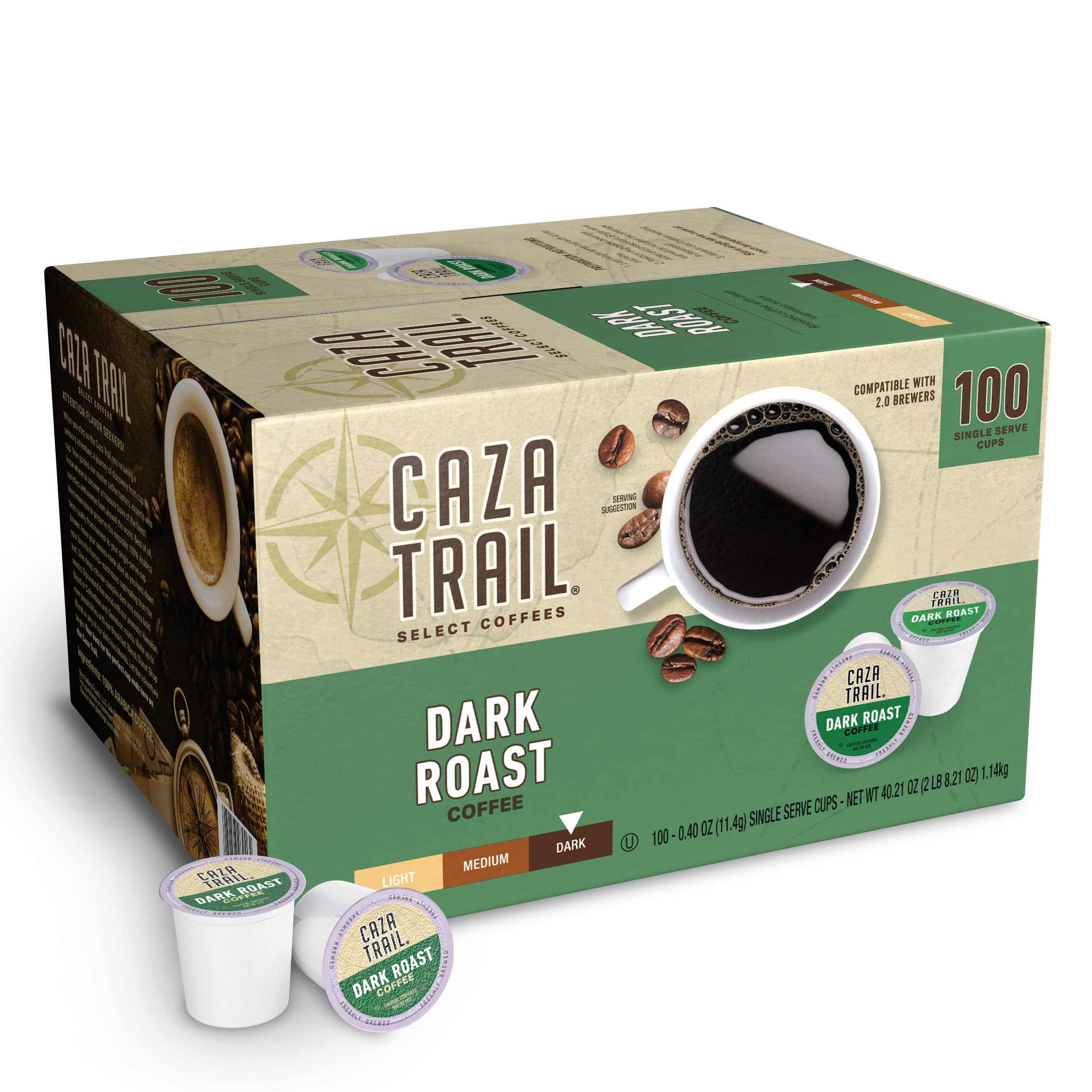 Caza Trail dark roast coffee pods in a 100-pack for quick, consistent mornings