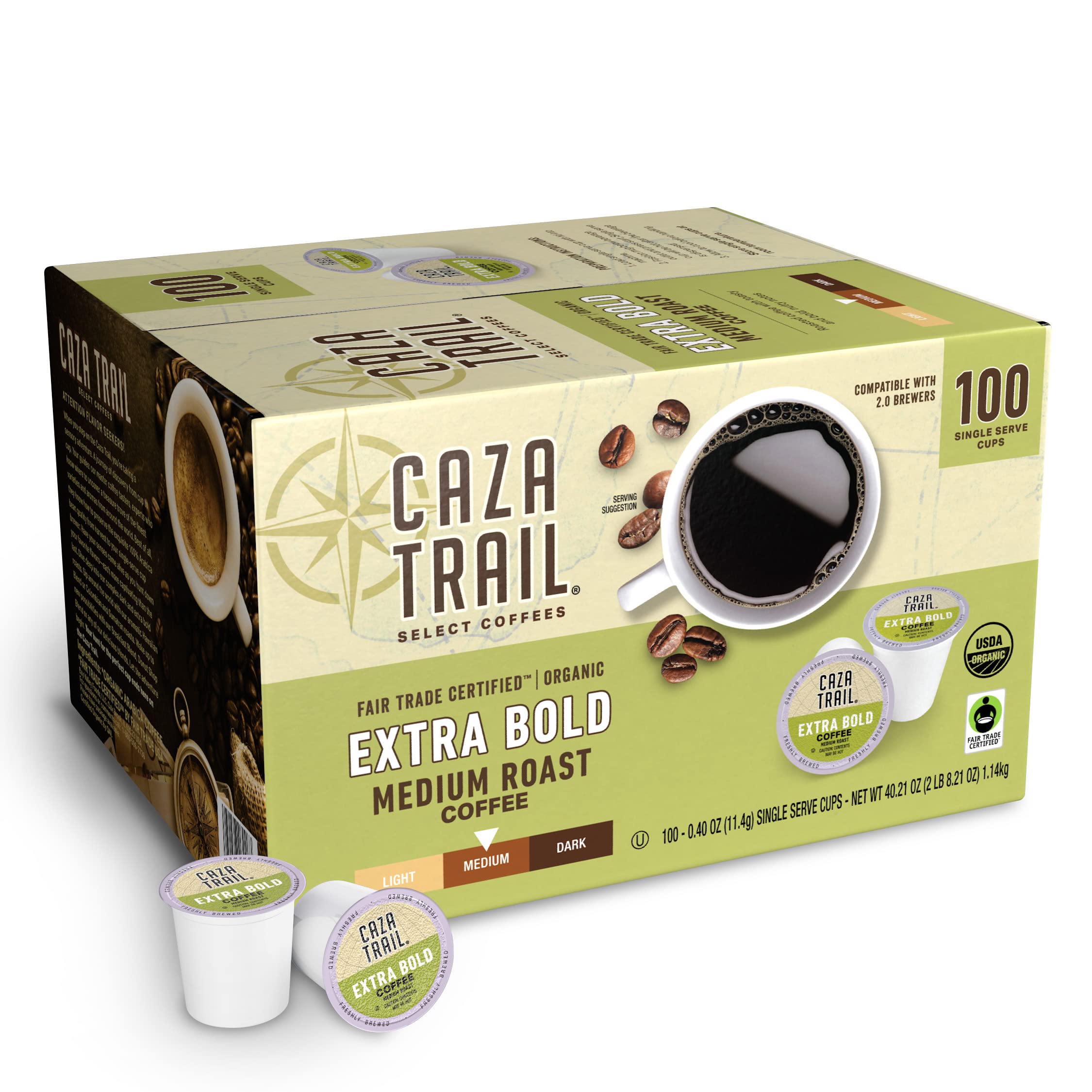 Caza Trail organic extra bold medium roast packaging highlights premium beans for rich mornings