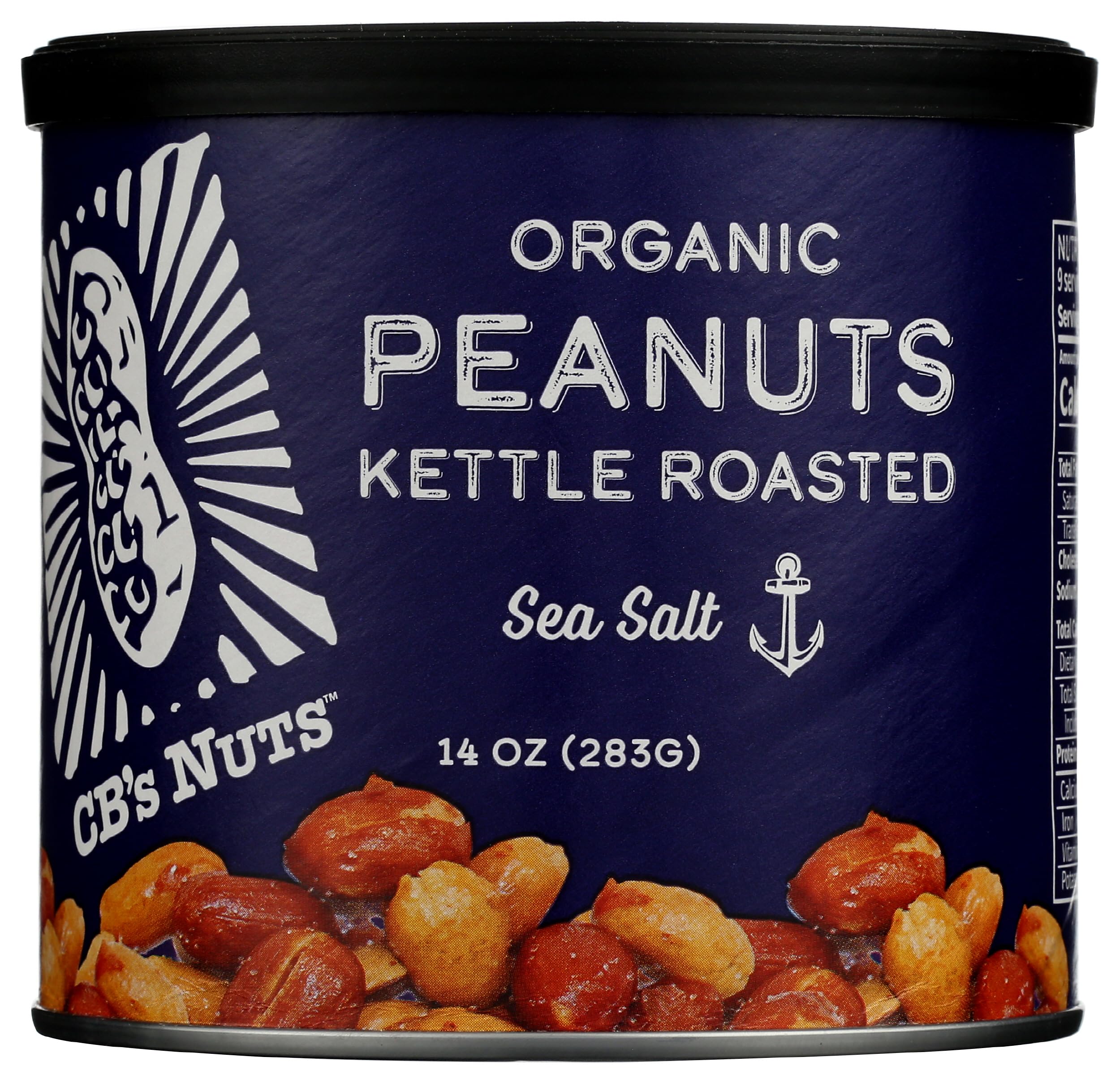 CB's Nuts Organic Kettle Roasted Sea Salt Peanuts packshot; crunchy texture and brand presence