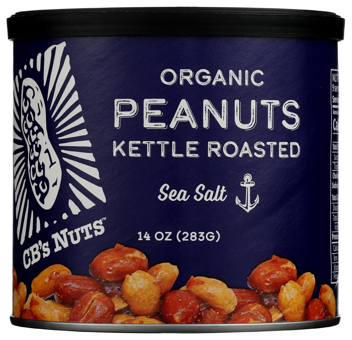 CB's Nuts Organic Kettle Roasted Sea Salt Peanuts packshot; crunchy texture and brand presence