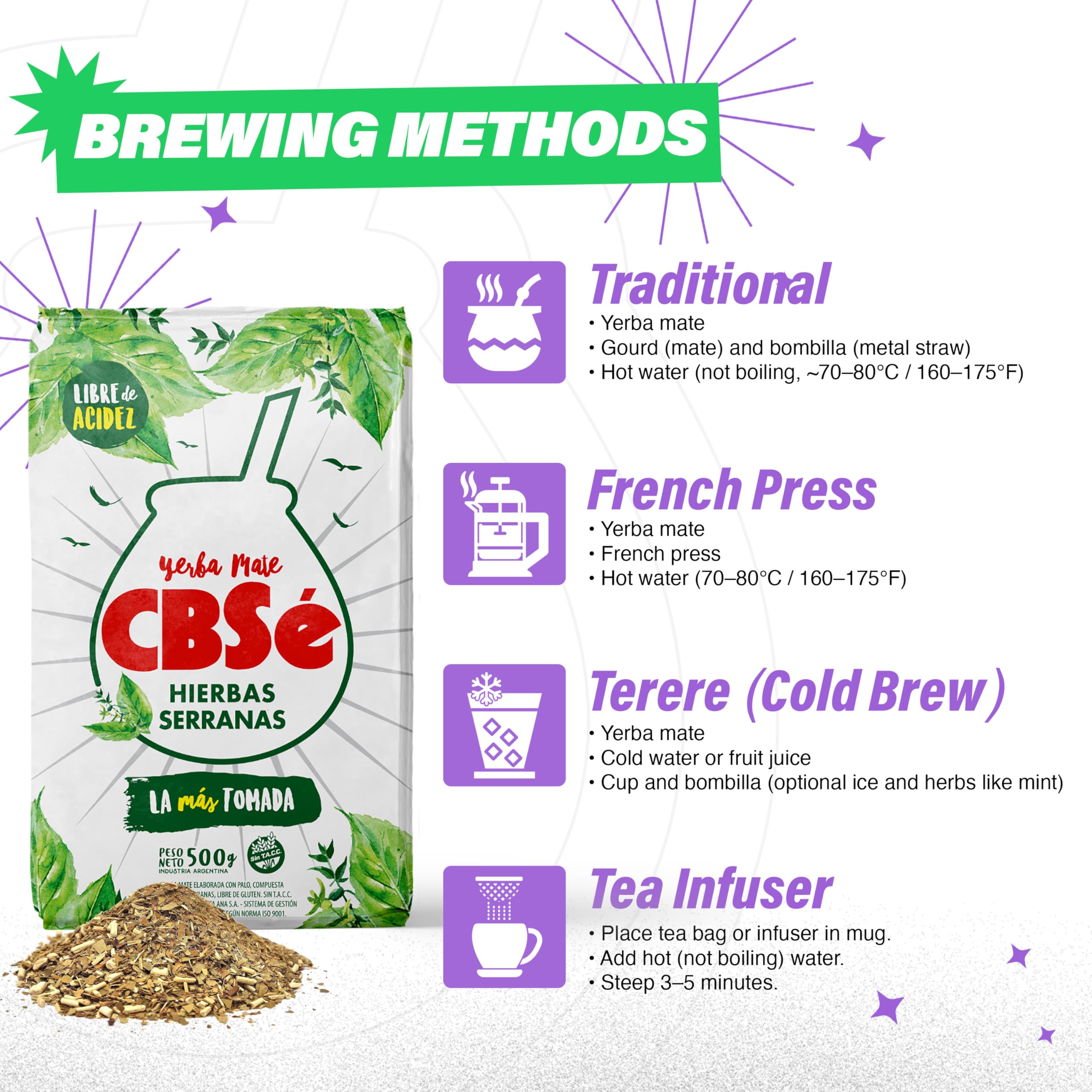 CBSé Yerba Mate Hierbas Serranas leaves close-up with mountain herbs for depth of flavor.