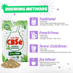 CBSé Yerba Mate Hierbas Serranas leaves close-up with mountain herbs for depth of flavor.
