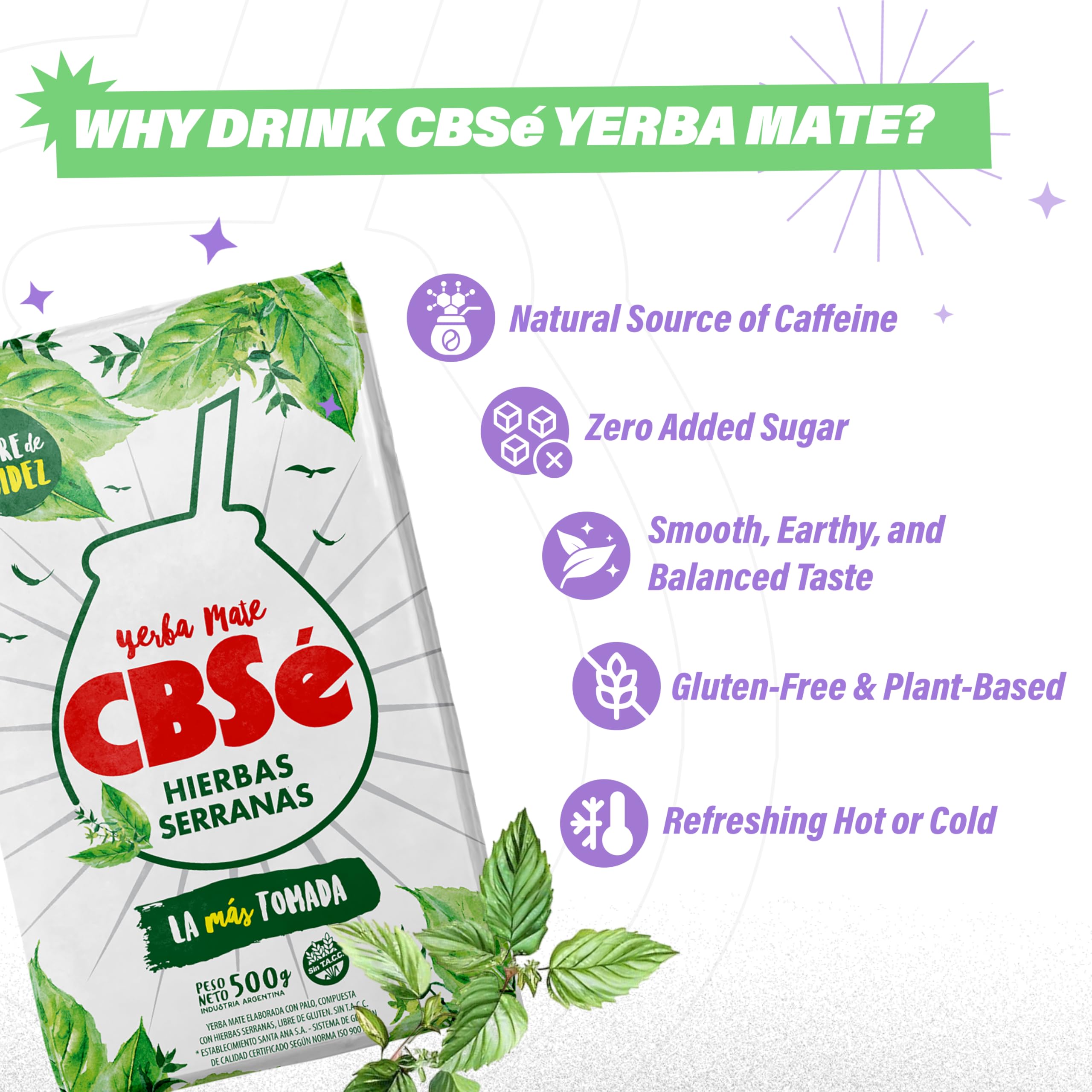 CBSé Yerba Mate Hierbas Serranas brew in cup highlighting natural caffeine for a quick pick-me-up.
